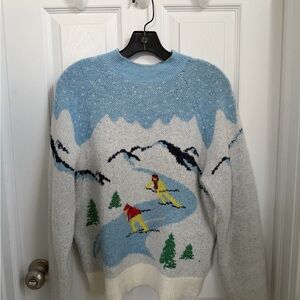 Blue and White Retro Ski Scene Sweater
